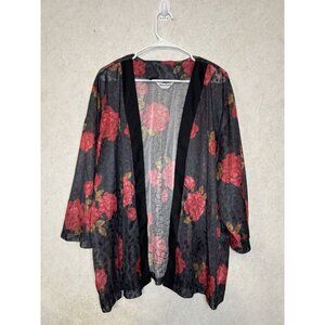 VINTAGE Womens Kimono Cardigan Black Red Floral Mesh Beach Whimsigoth Grunge 3X